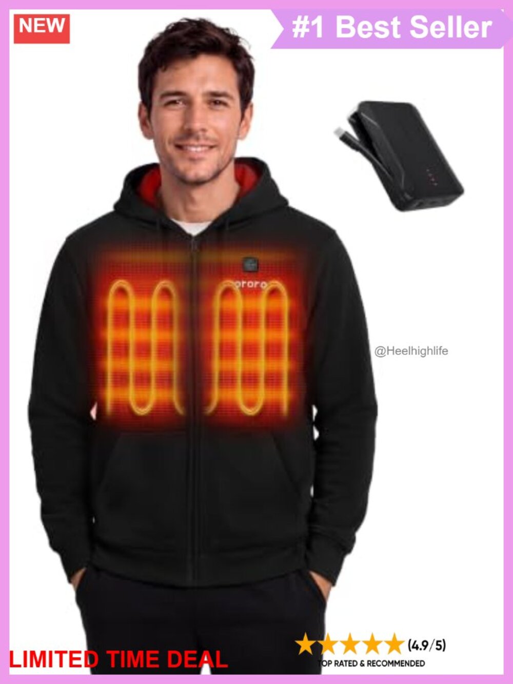 Unisex Full-Zip Heated Hoodie 4-Zone Heating 13.5H Runtime Fleece Lined
